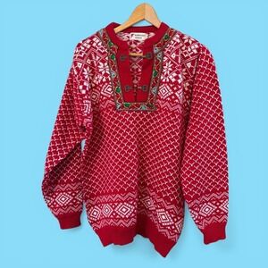 Men Norwegian Design Red/White Fair Isle Wool Nordic Sweater M (Clasp Issues)